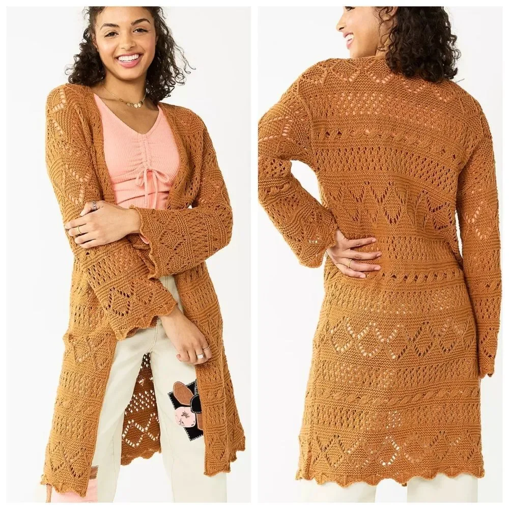 So Mustard Yellow Boho Crochet Stitch Kimono Open Cardigan Wide Sleeve M… - Picture 2 of 10